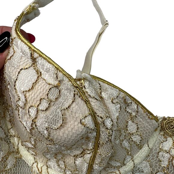 Victorias Secret VTG Bodysuit Teddy Lingerie Sheer Underwire Gold White 36 Small - Picture 4 of 8